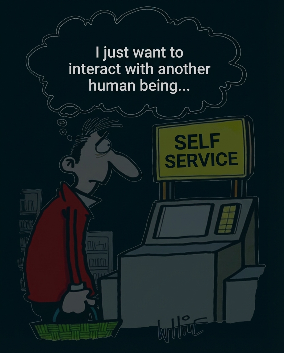 Comic: Mann mit Einkaufskorb steht vor einer Self‑Service‑Kasse.